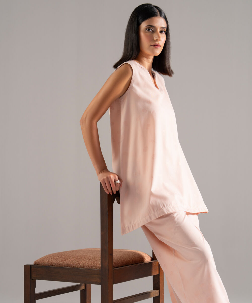 Women's RTW Poly Viscose Jacquard Solid Pink Baggy Shirt