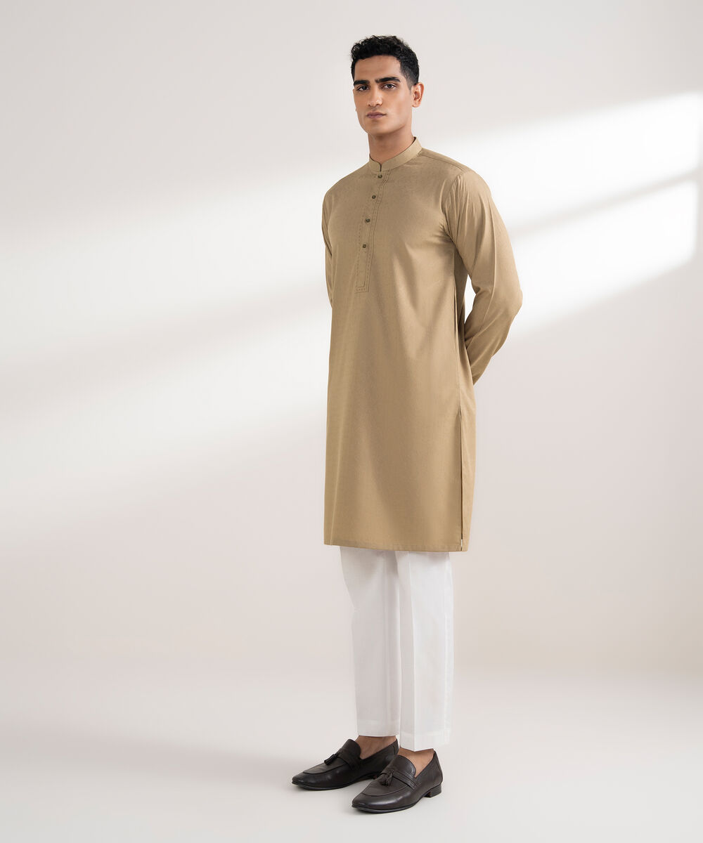 Men's Stitched Jacquard Khaki Kurta