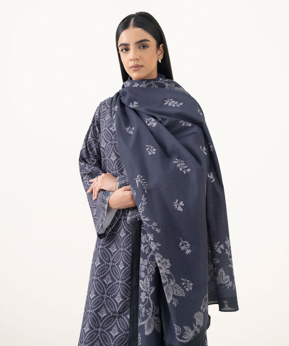 Women's Unstitched Light Khaddar Embroidered Purple 3 Piece Suit