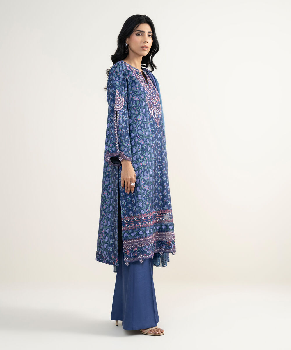 Women's Unstitched Blended Grip Silk Embroidered Blue 3 Piece Suit