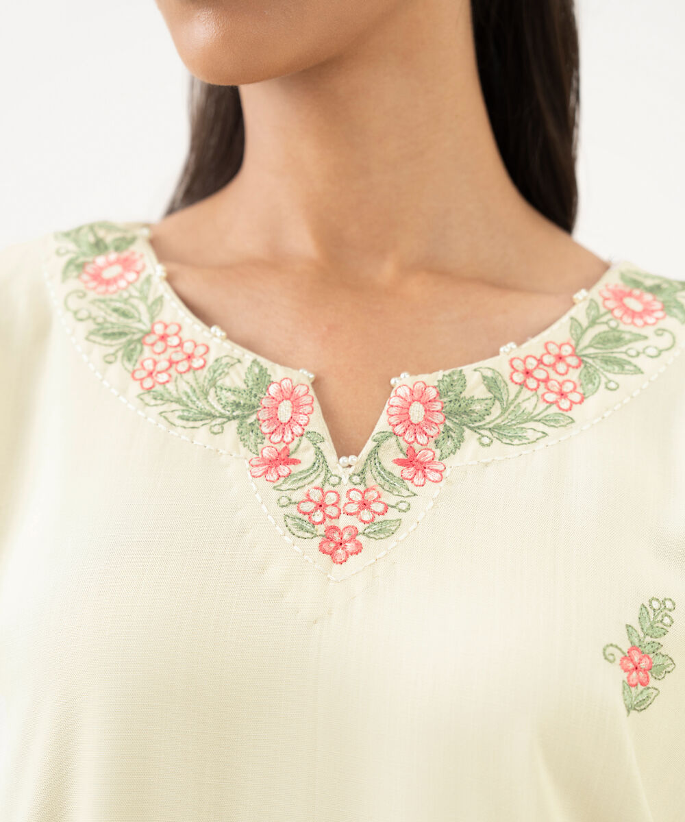 Women's RTW Cotton Viscose Embroidered Straight Off White Shirt