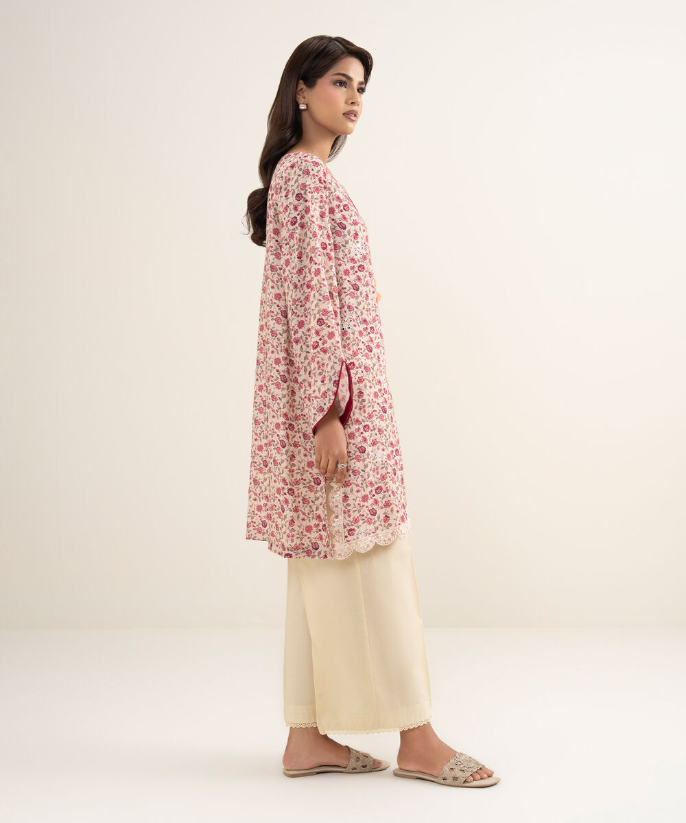 Women's RTW Viscose Raw Silk Embroidered Pink Straight Shirt