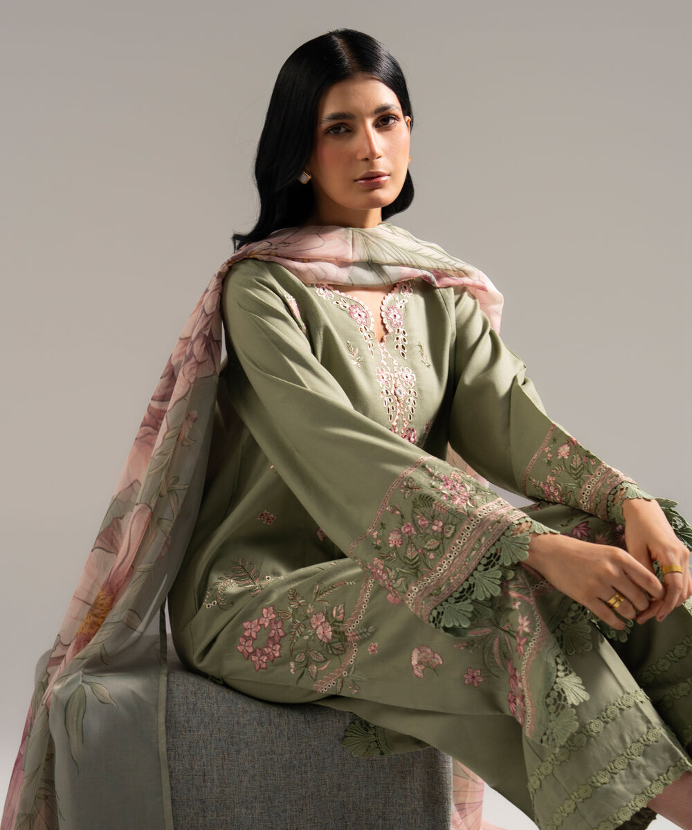 Women's RTW Dobby Crepe Embroidered Green 3 Piece Suit