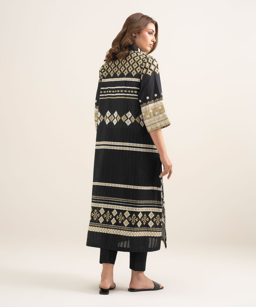 Women's RTW Textured Cotton Printed Black A-Line Shirt