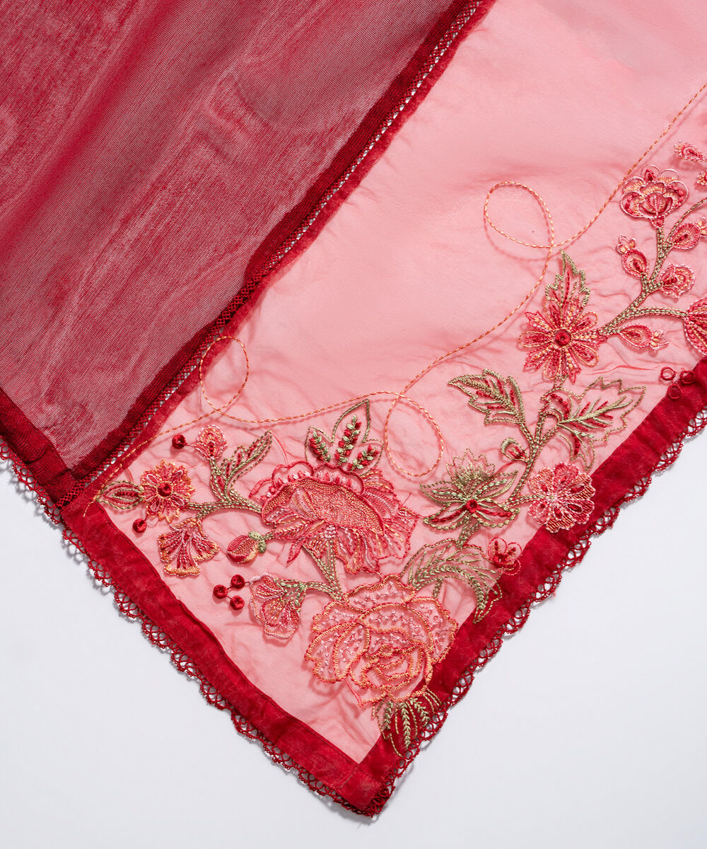 Khaddi Net Embroidered Red Dupatta