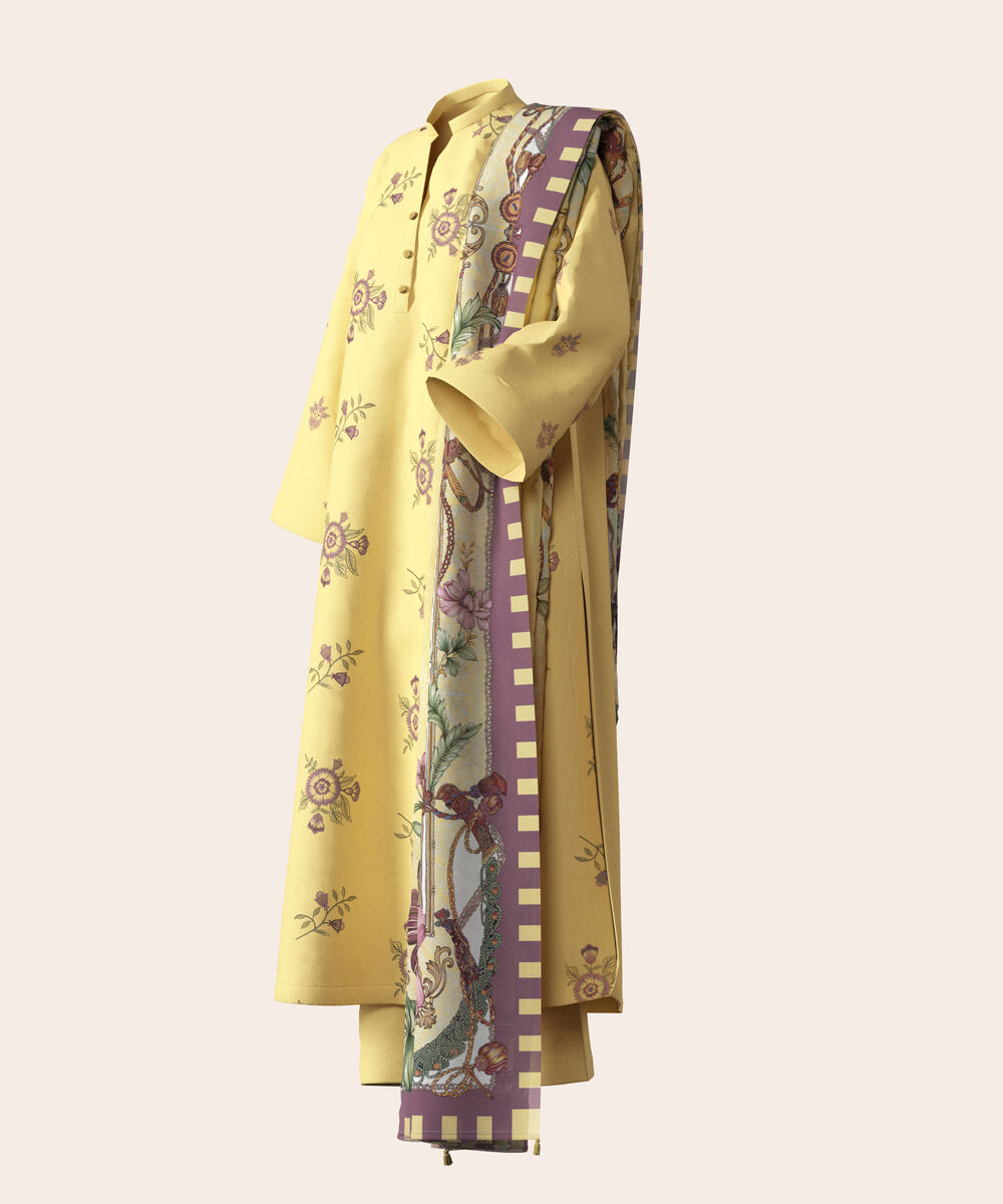 Women's Unstitched Lawn Dull Yellow  Embroidered 3 Piece Suit