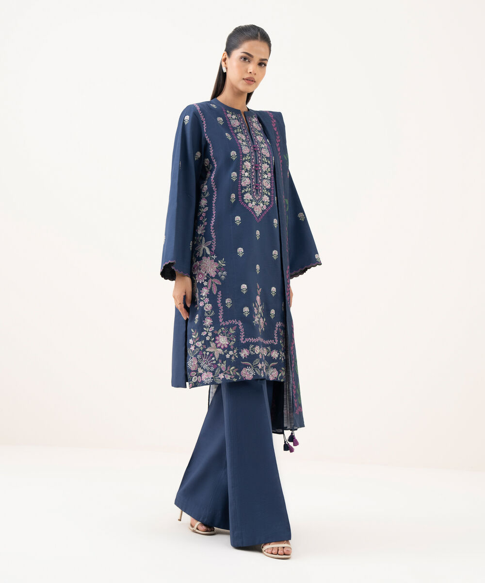 Women's Unstitched Light Khaddar Embroidered Blue 3 Piece Suit