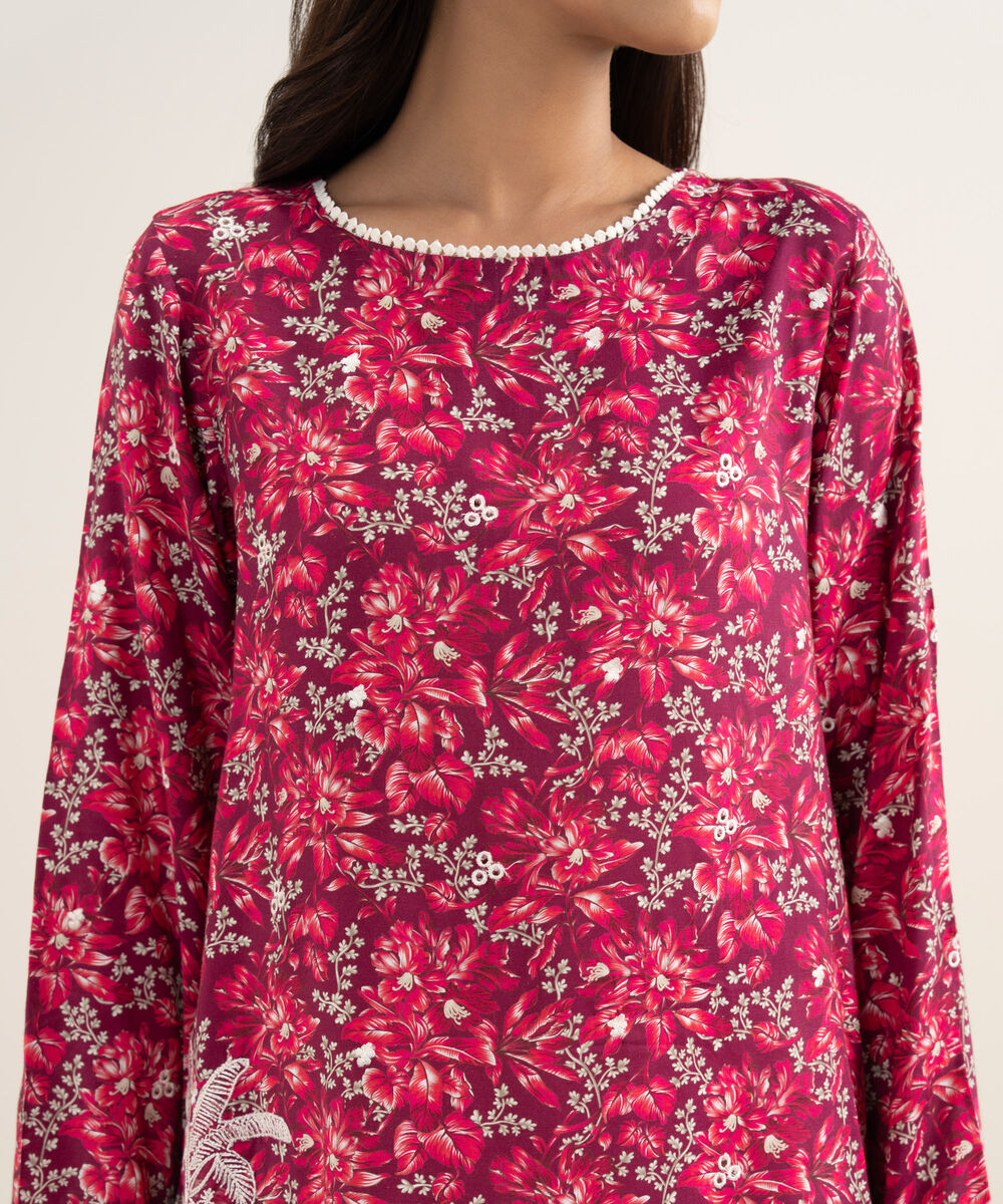 Women's RTW Viscose Raw Silk Embroidered Pink Straight Shirt