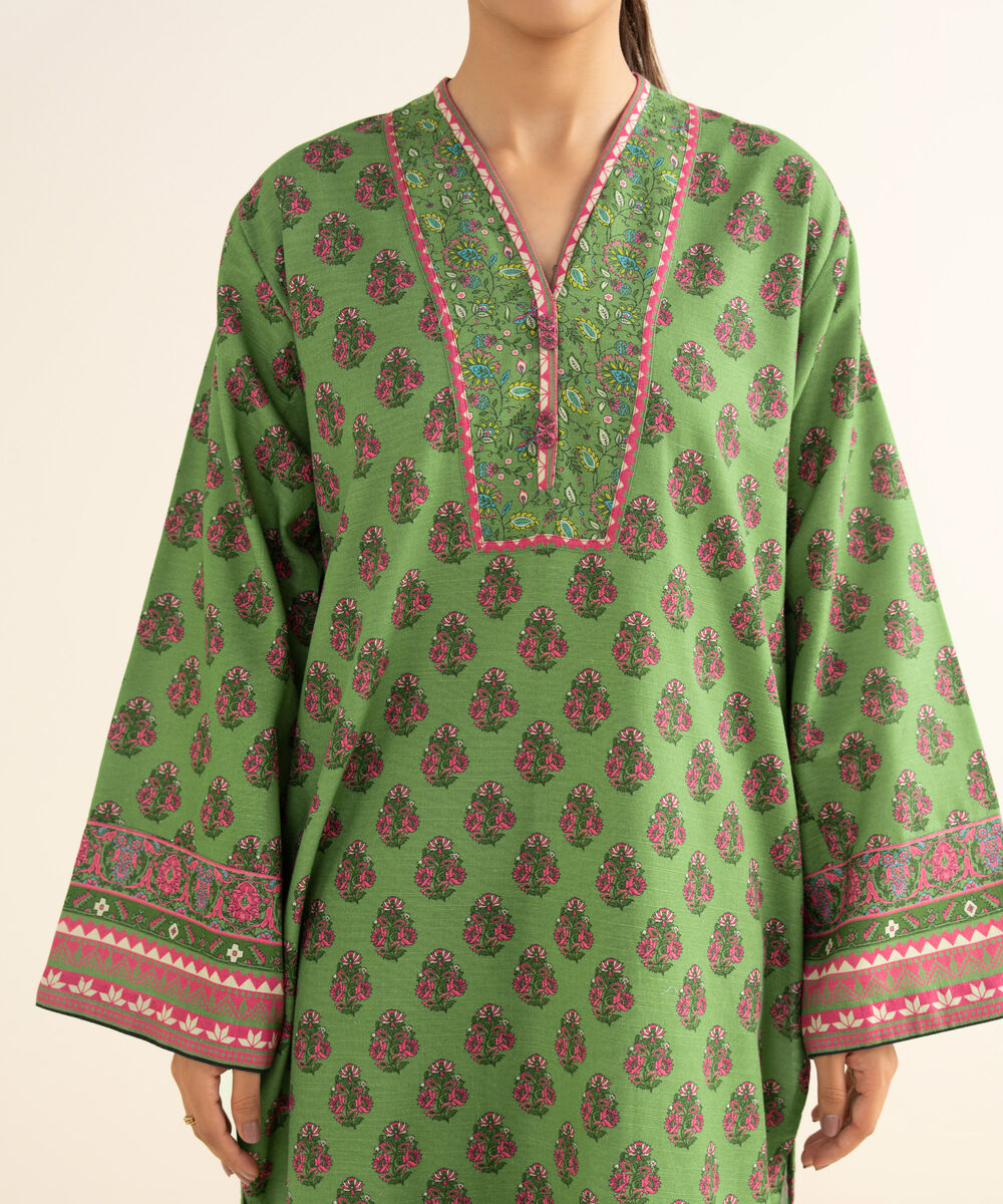 Women's Unstitched Light Khaddar Embroidered Green 3 Piece Suit