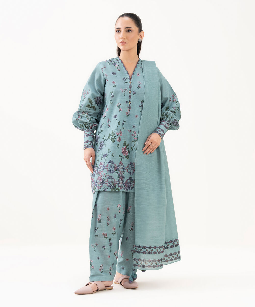Women's Unstitched Cotton Printed Blue 3 Piece Suit
