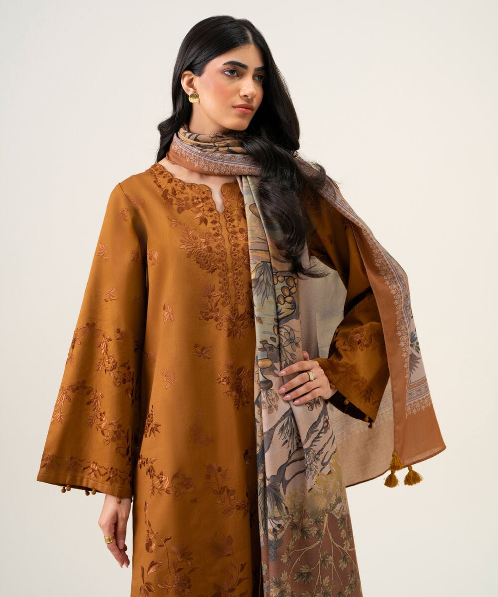 Women's Unstitched Cotton Twill Embroidered Mustard 3 Piece Suit