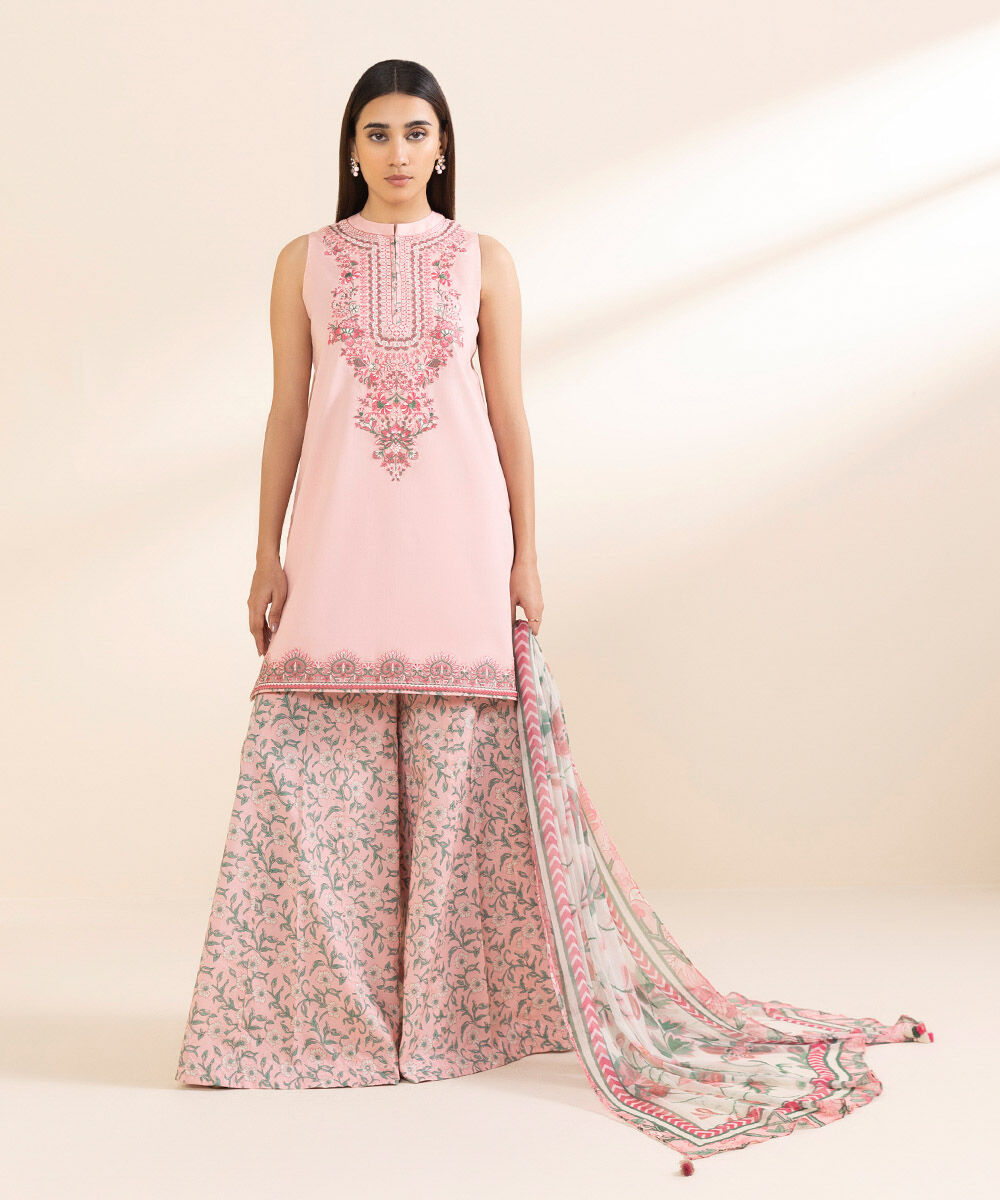 Unstitched Women's Embroidered Textured Lawn Pink Three Piece Suit