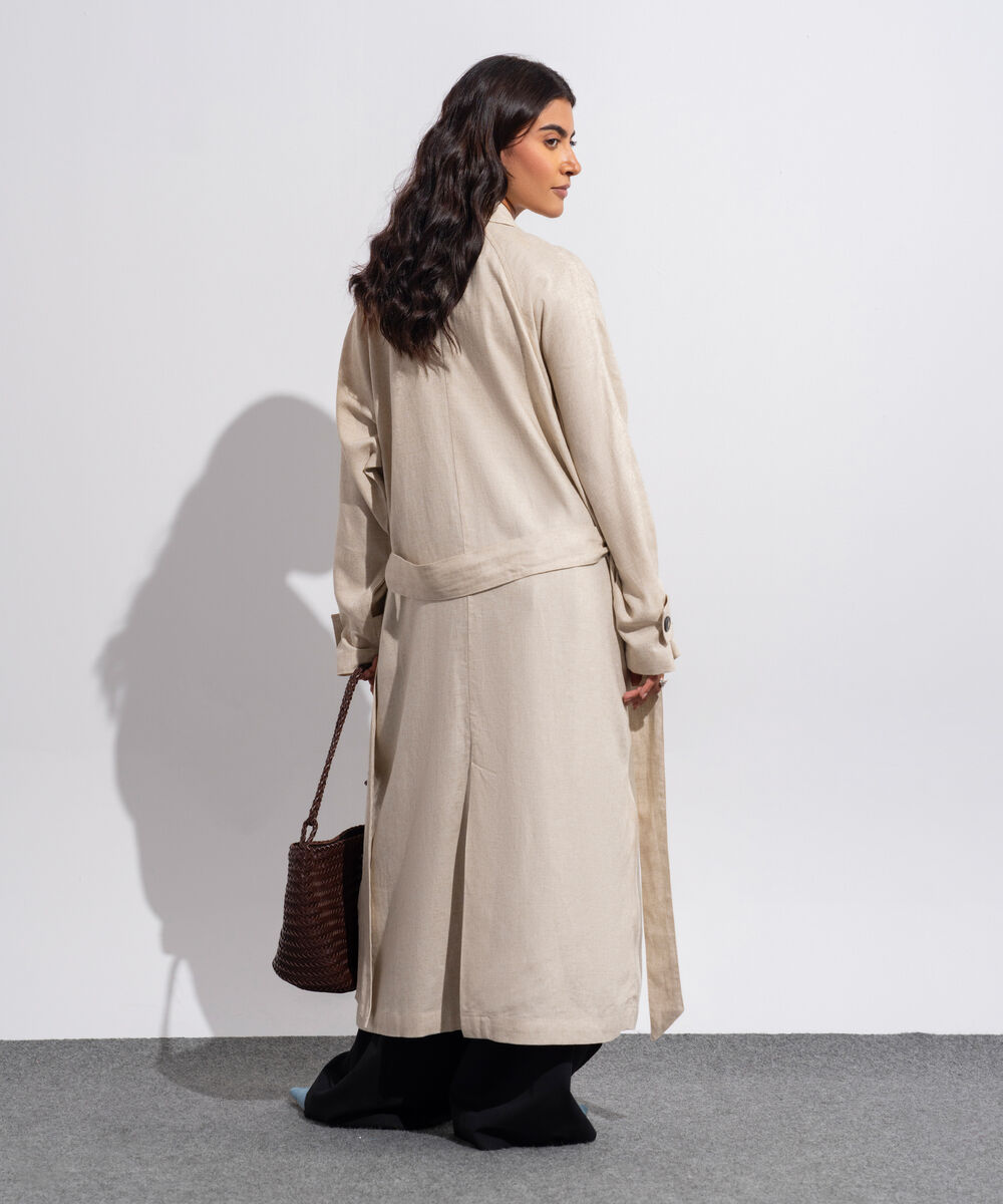 Women's Western Wear Linen Blended Beige Trench Coat