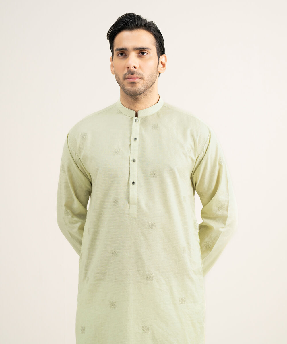 Men's Stitched Cotton Dobby Lime Kurta