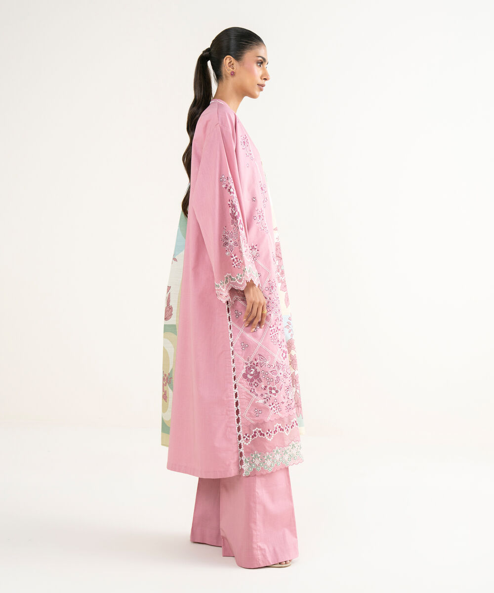 Women's Unstitched Cross Hatch Embroidered Pink 3 Piece Suit