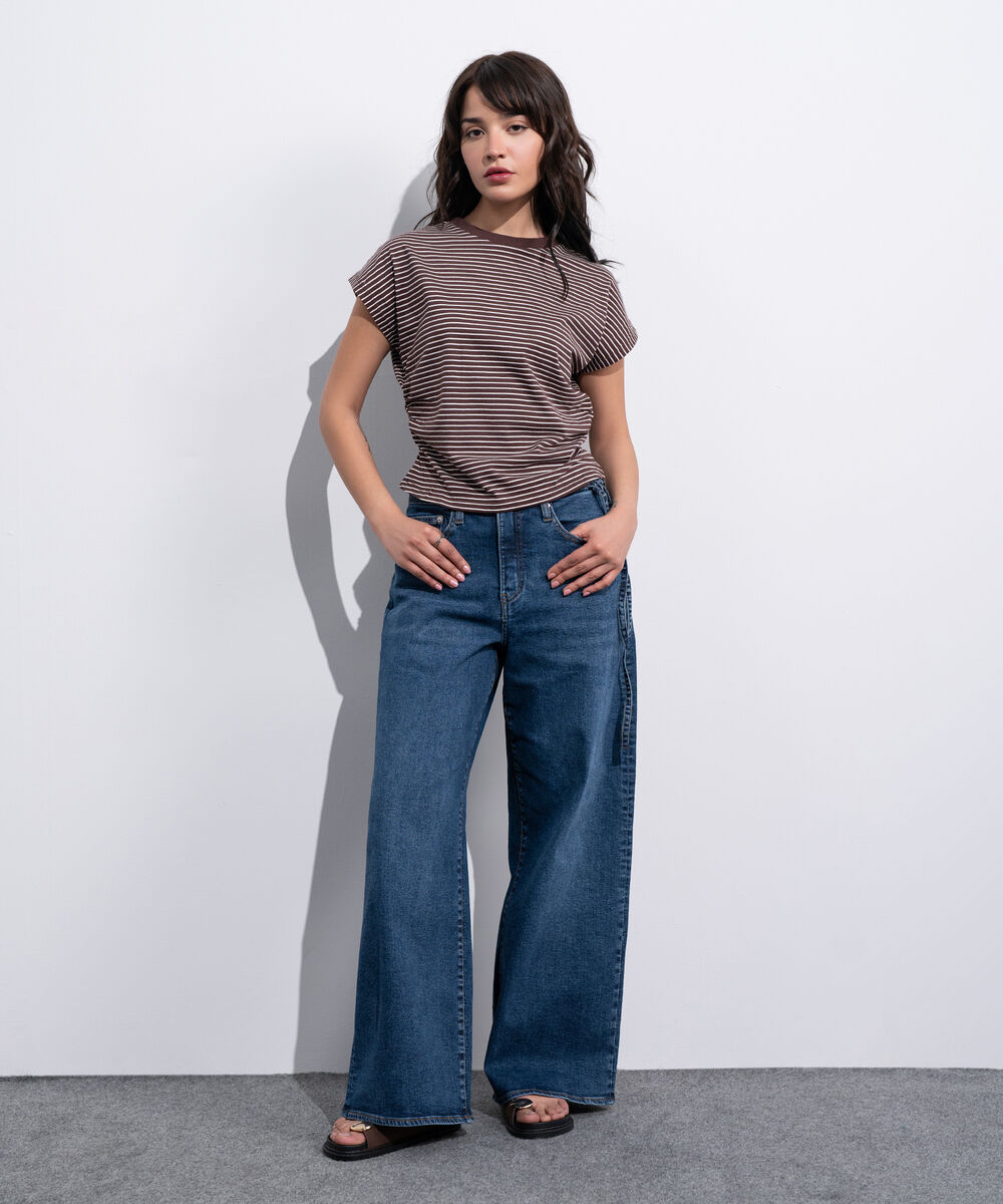 Women's Western Brown And White Yarn Dyed Waist Cinched T-Shirt