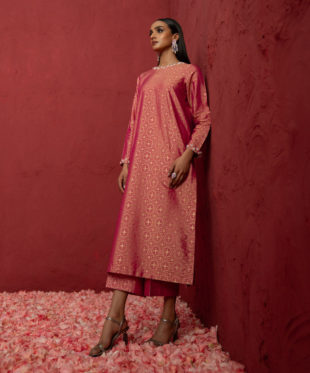 Women's Pret Blended Jacquard Dyed Deep Coral Straight Shirt