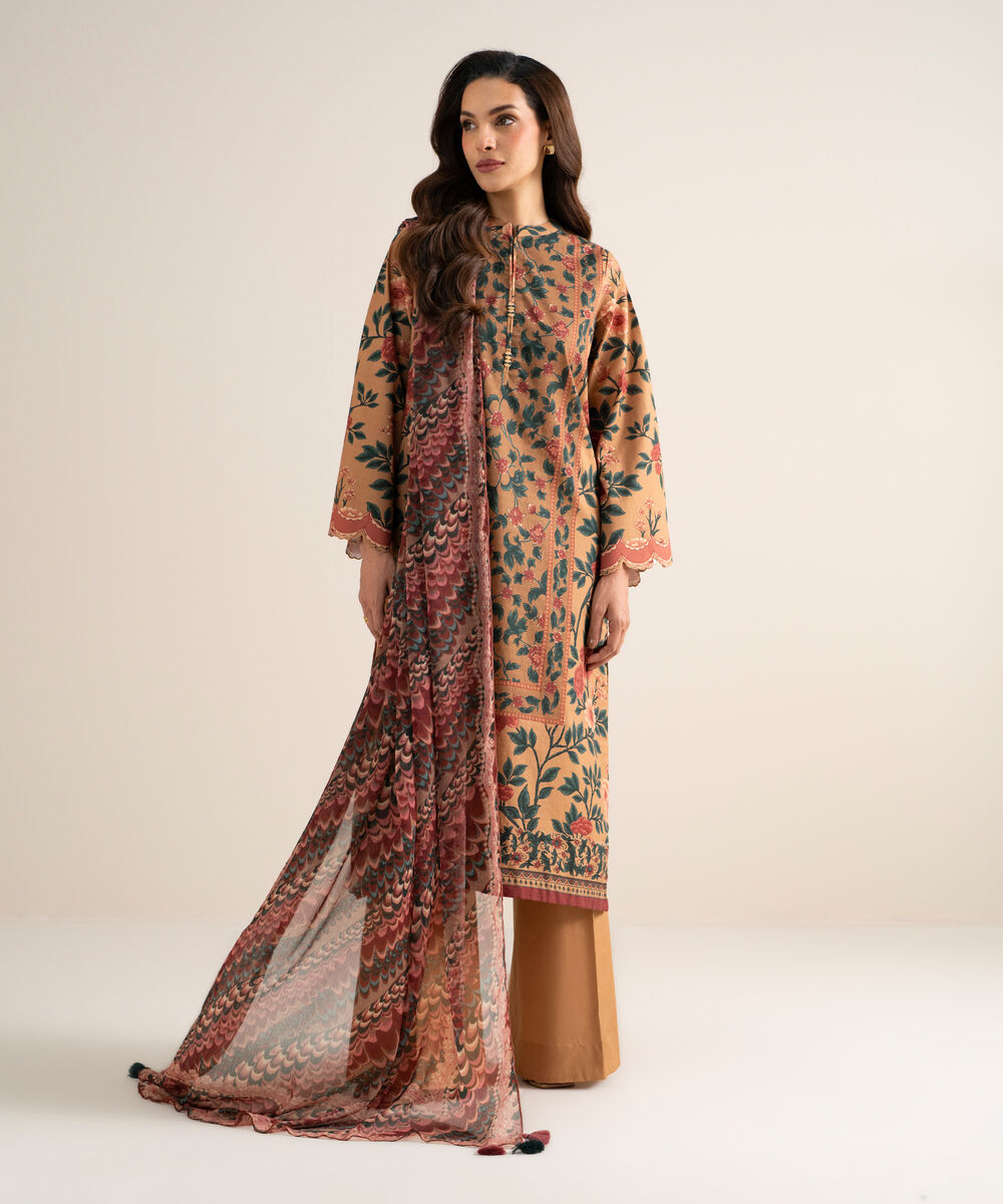 Women's Unstitched Cotton Printed Multi  3 Piece Suit