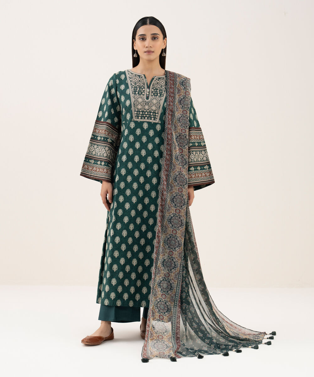 Women's Unstitched Light Linen Printed Green 3 Piece Suit