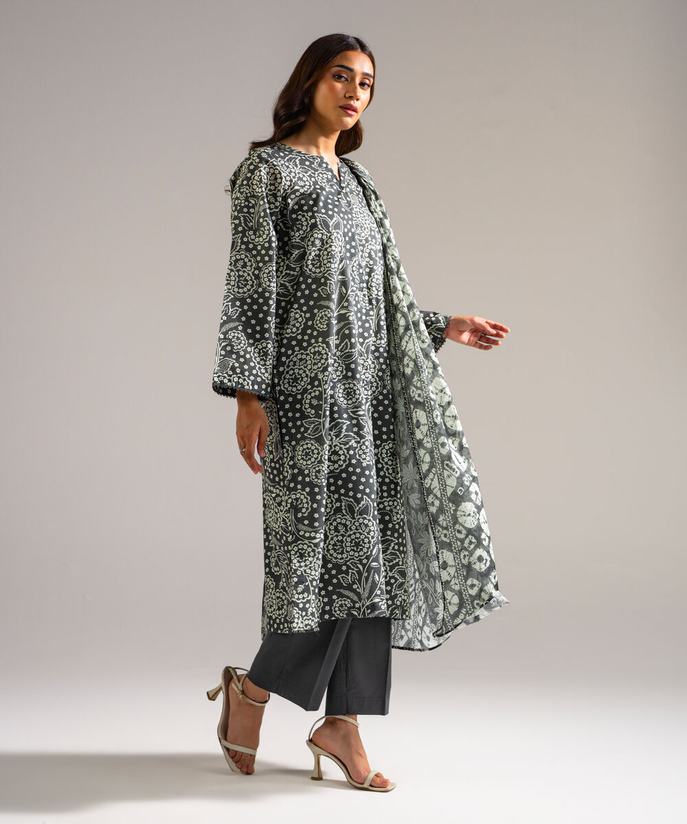 Women's RTW Lawn Printed Grey 3 Piece Suit