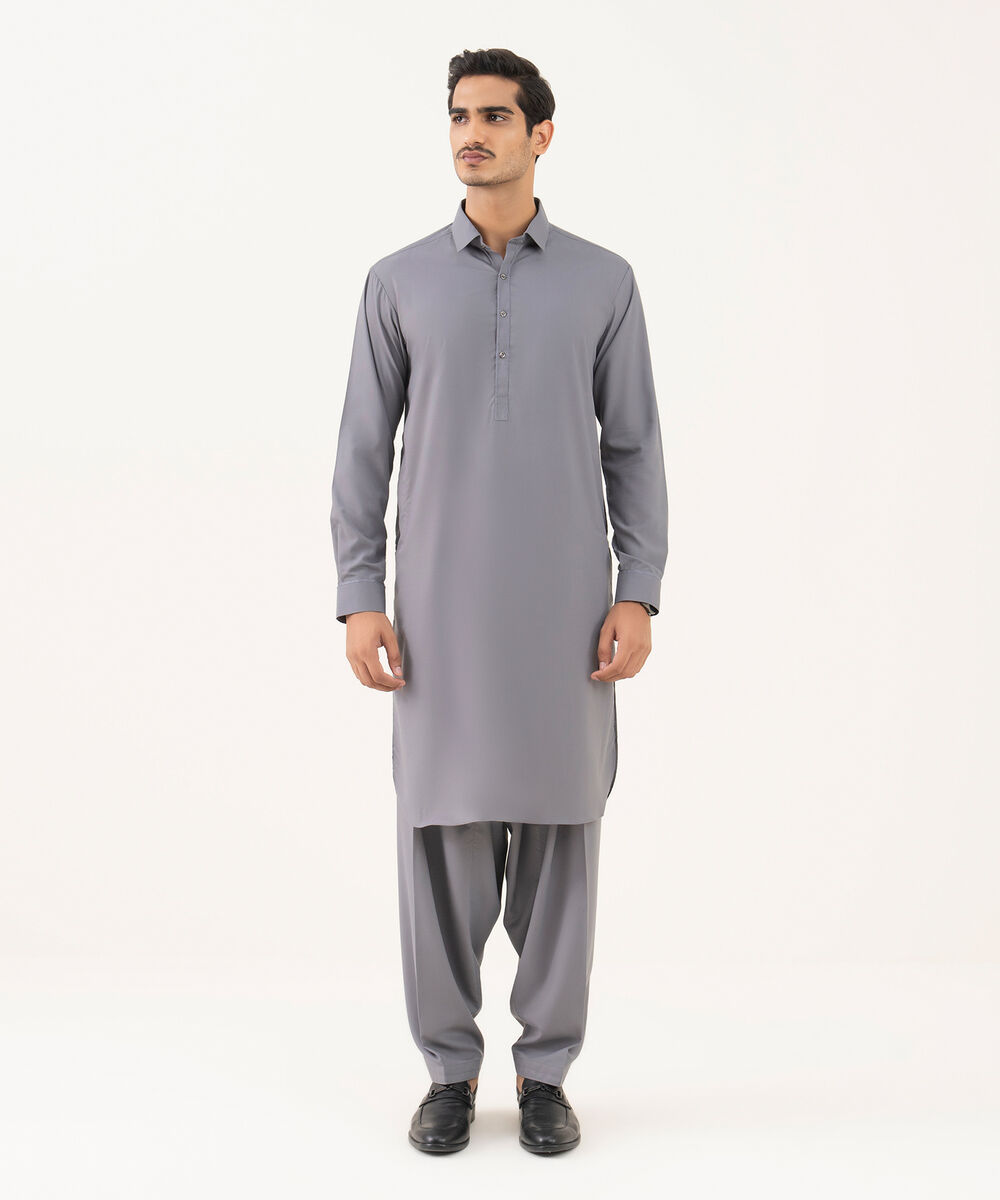 Men's Oxford Embroidered Grey Kurta Shalwar