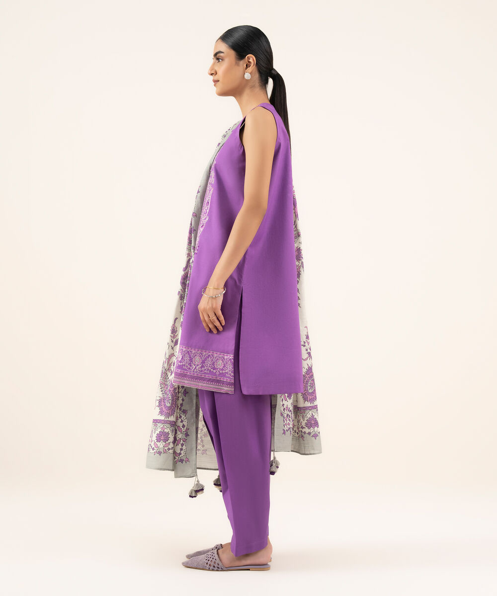 Women's Unstitched Textured Cotton Embroidered Purple 2 Piece Suit