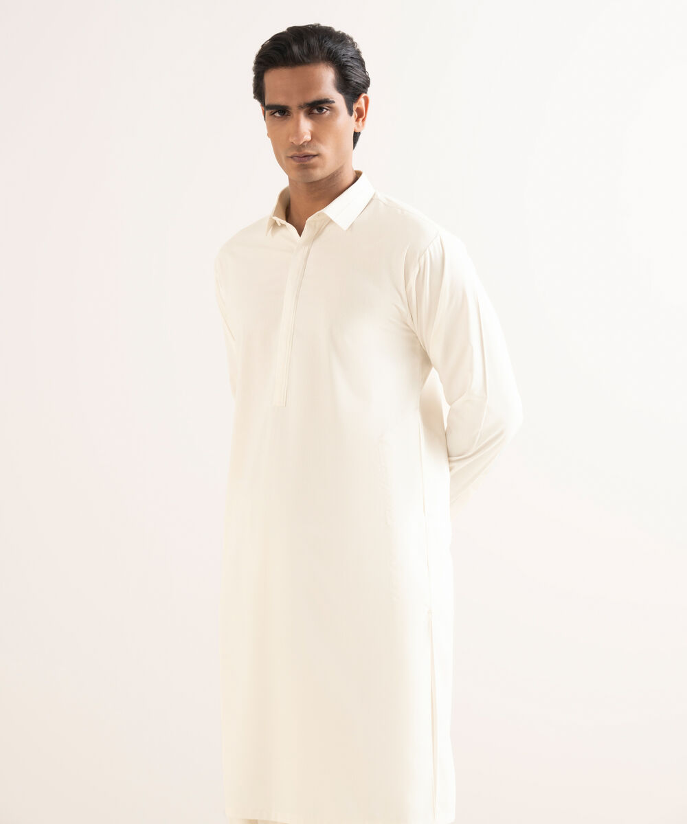 Men's Stitched Textured Wash & Wear Off White Suit