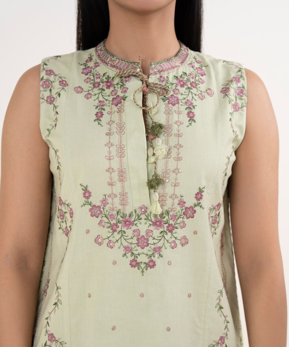 Women's Unstitched Cotton Viscose Embroidered Green 3 Piece Suit