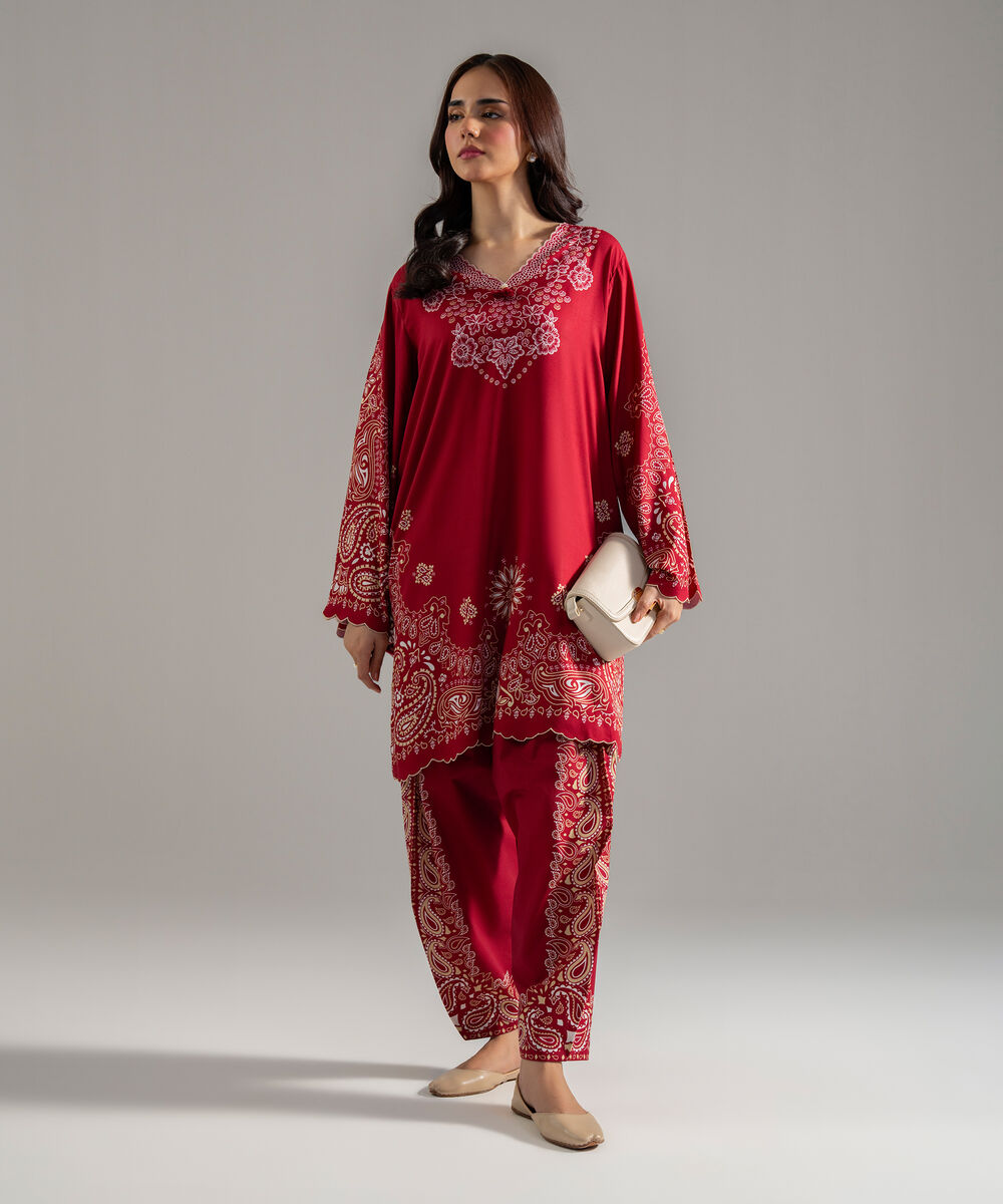 Women's RTW Arabic Lawn Printed Maroon Straight Shirt