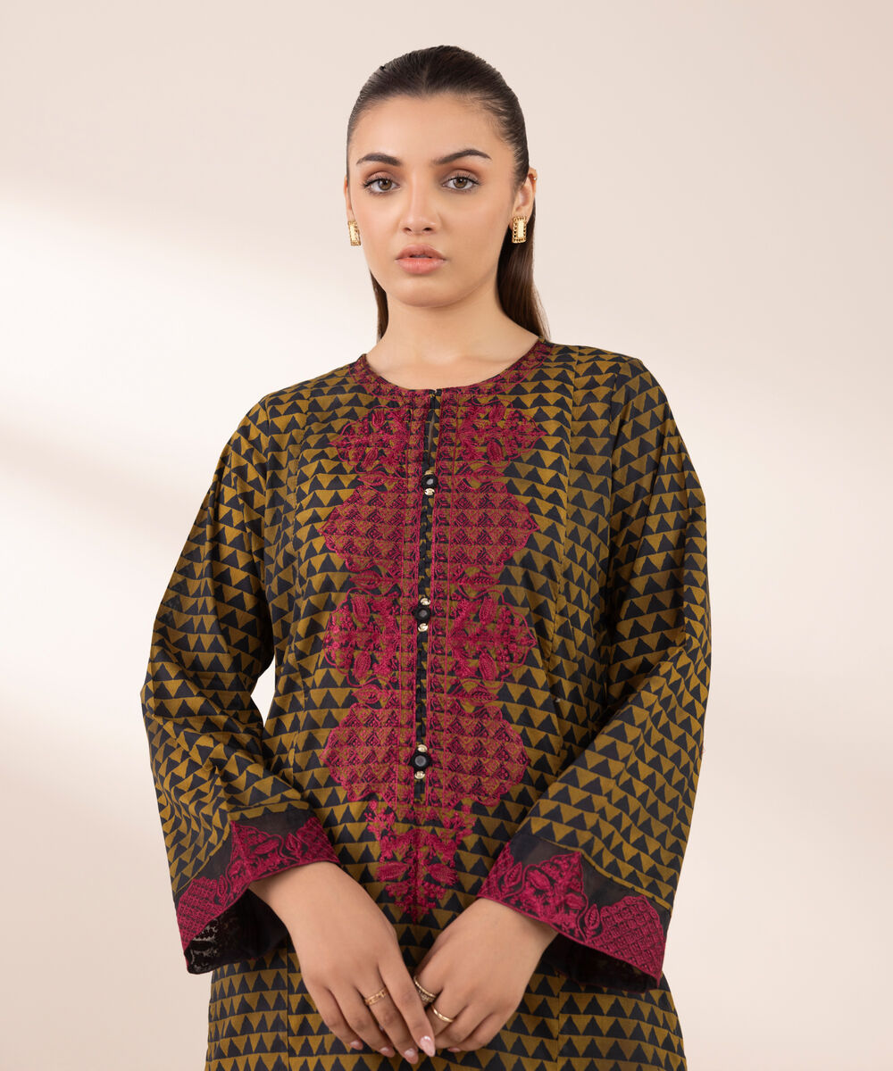 Women's RTW Lawn Brown Embroidered A-Line Shirt
