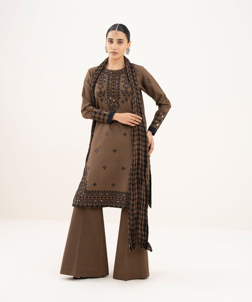 Women's Unstitched Lawn Embroidered Brown and Off White 3 Piece Suit