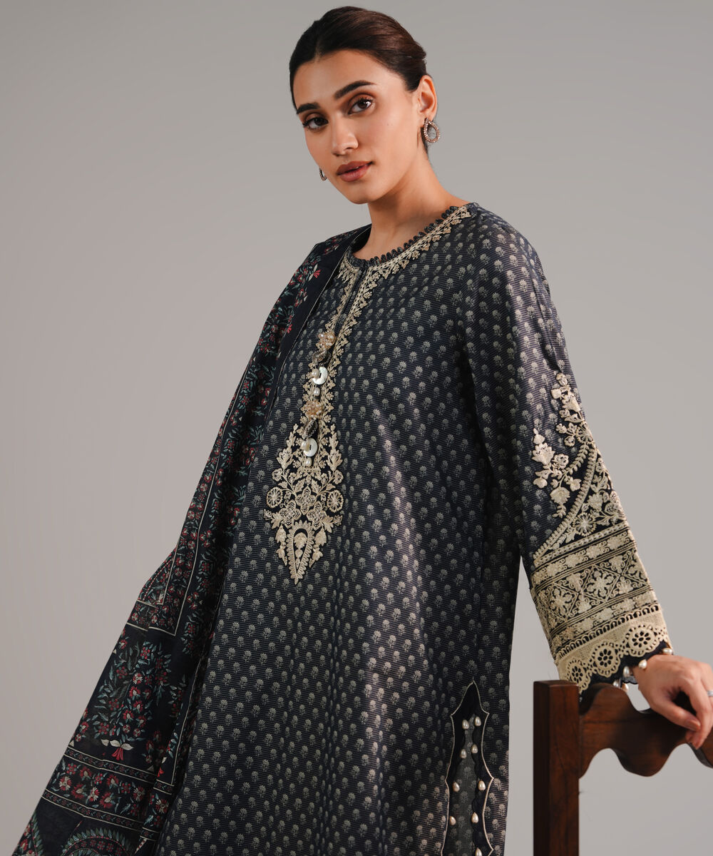 Women's RTW Zari Lawn Embroidered Dark Blue 3 Piece Suit