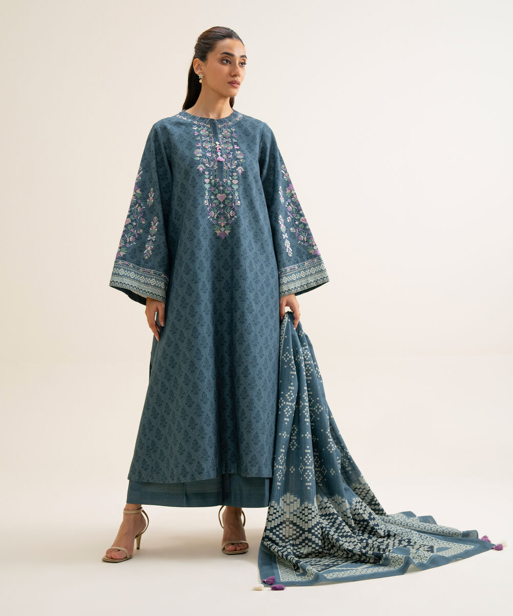 Women's Unstitched Light Khaddar Embroidered Blue 3 Piece Suit