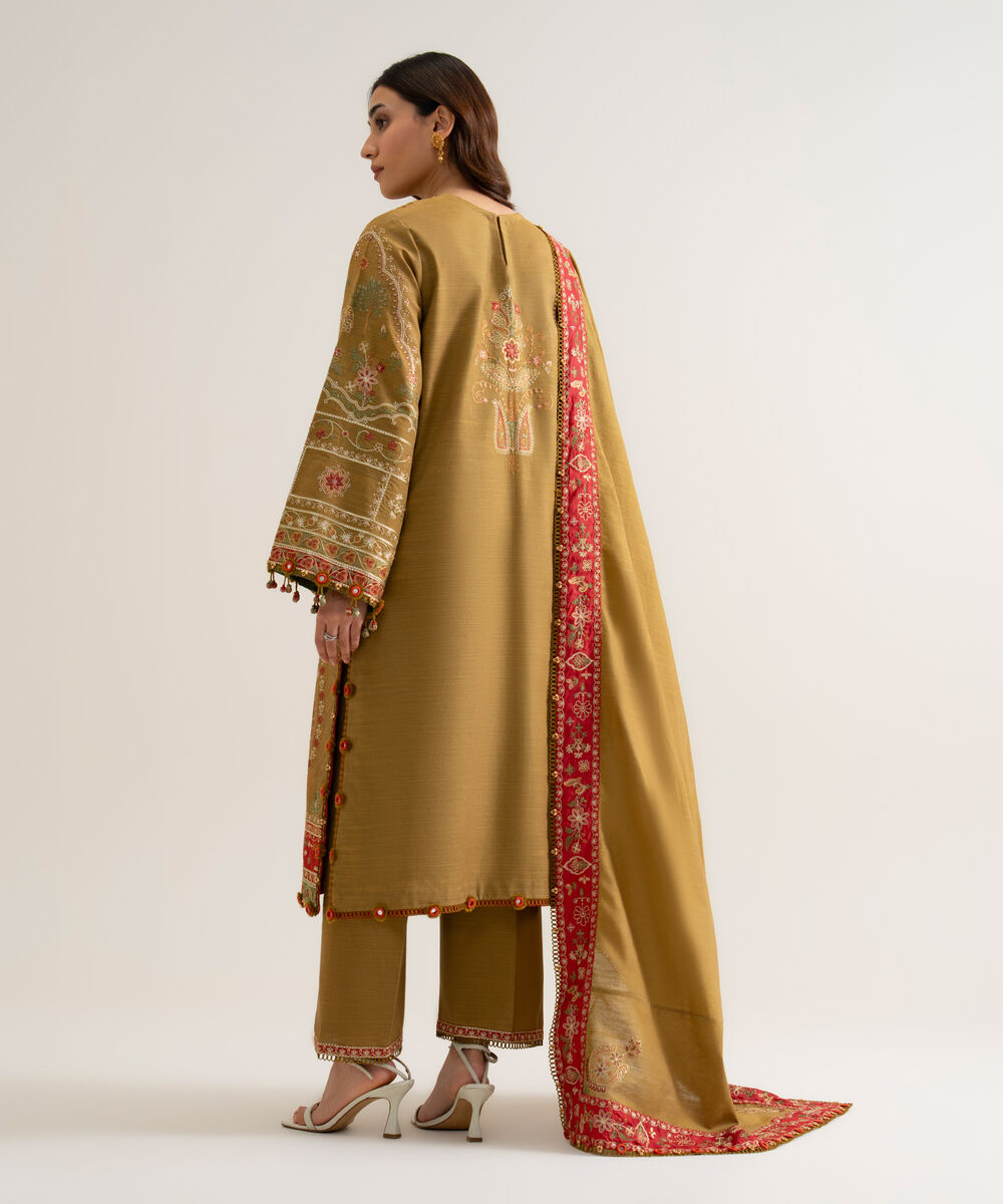 Womens Unstitched Basic Khaddar Embroidered Olive Green 3 Piece Suit