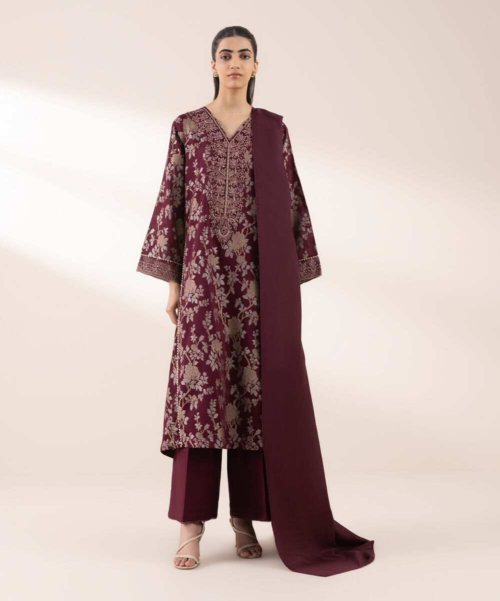 Women's RTW Extra Weft Jacquard Red Embroidered A-Line Shirt