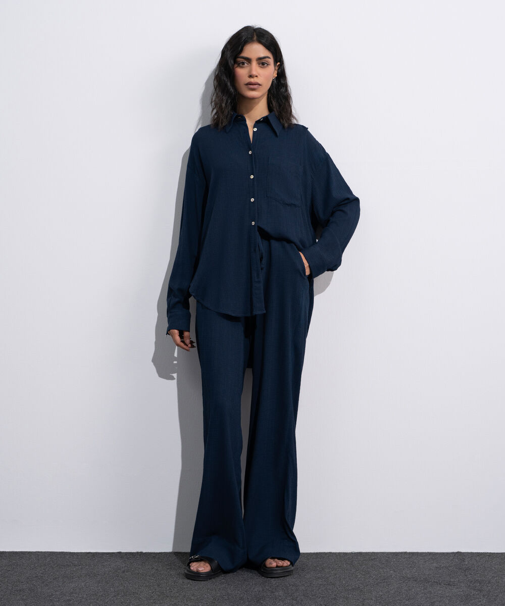 Women's Blue Seersucker Pull-On Trousers