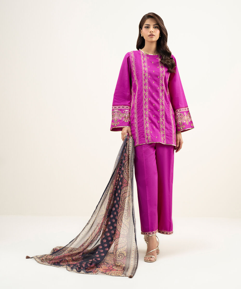 Women's RTW Dobby Embroidered Bright Pink 3 Piece Suit