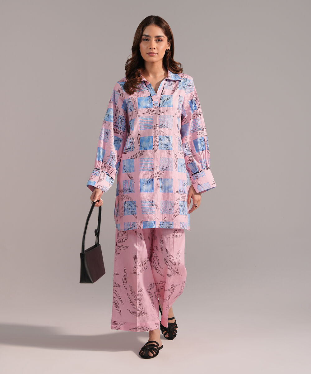 Women's RTW Seersucker Printed Pink Straight Shirt