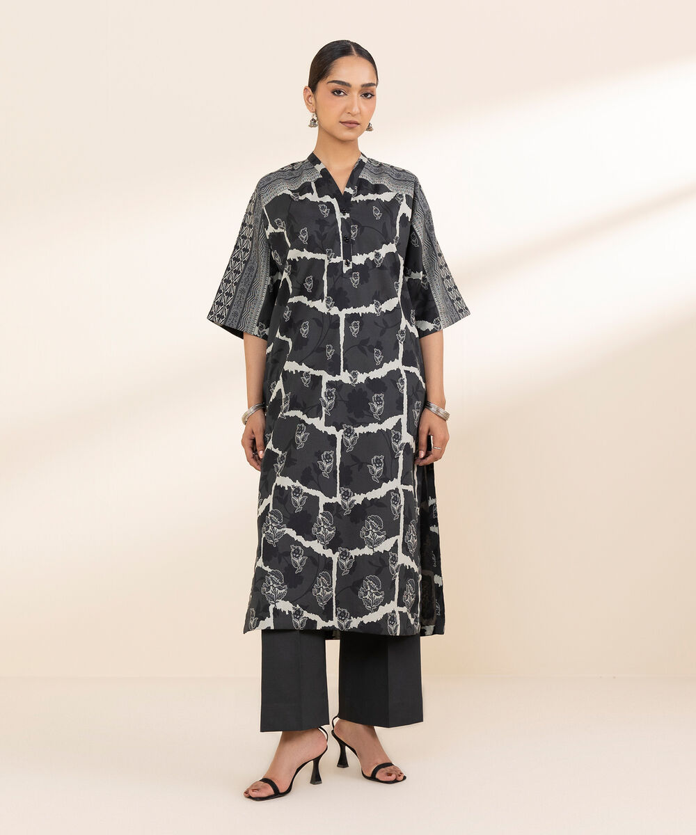 Women's Unstitched Lawn Printed Black Shirt