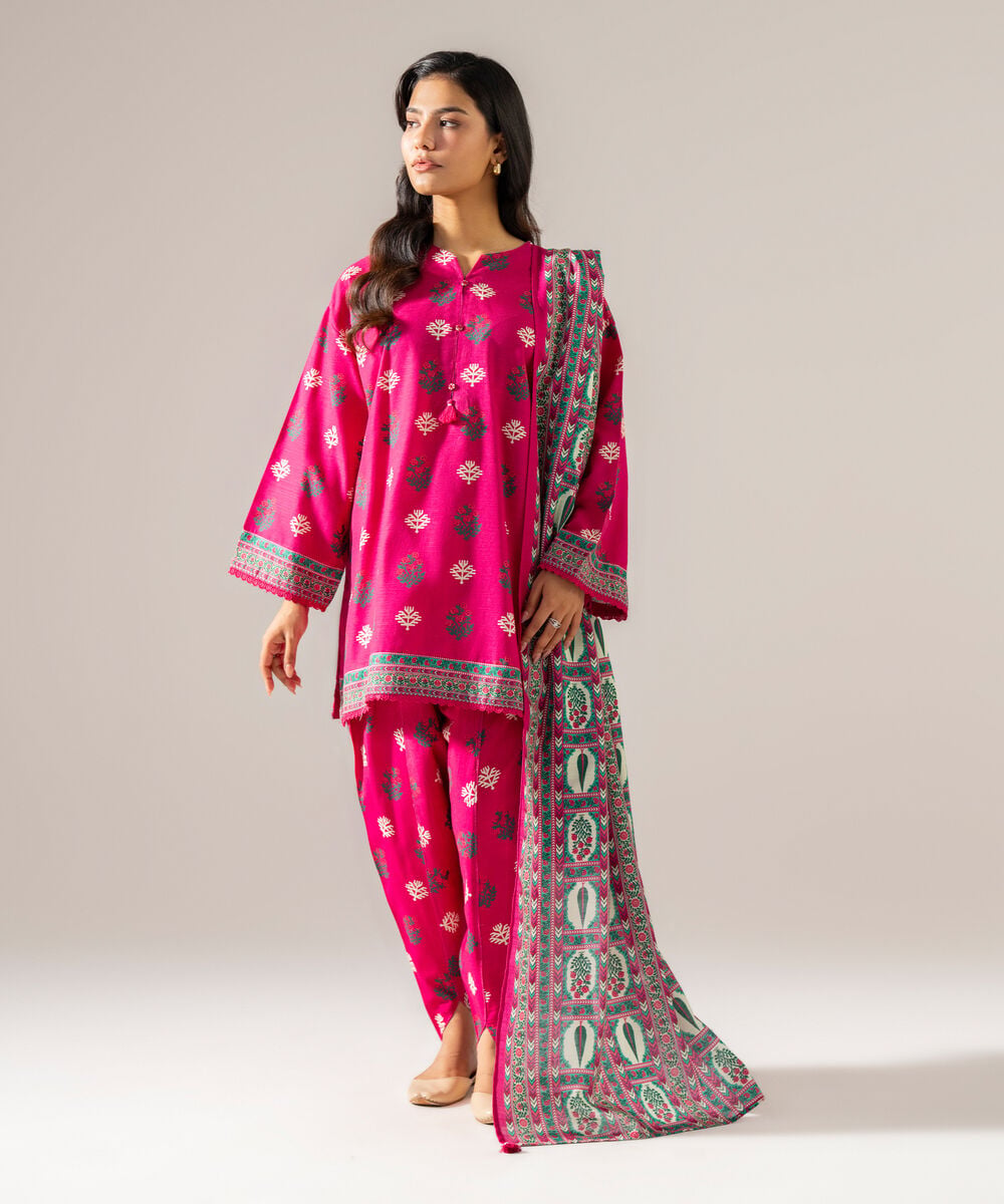Women's RTW Khaddar Printed Pink 3 Piece Suit