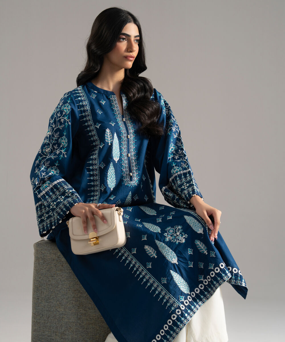 Women's RTW Solid Embroidered Cambric Blue A-Line Shirt