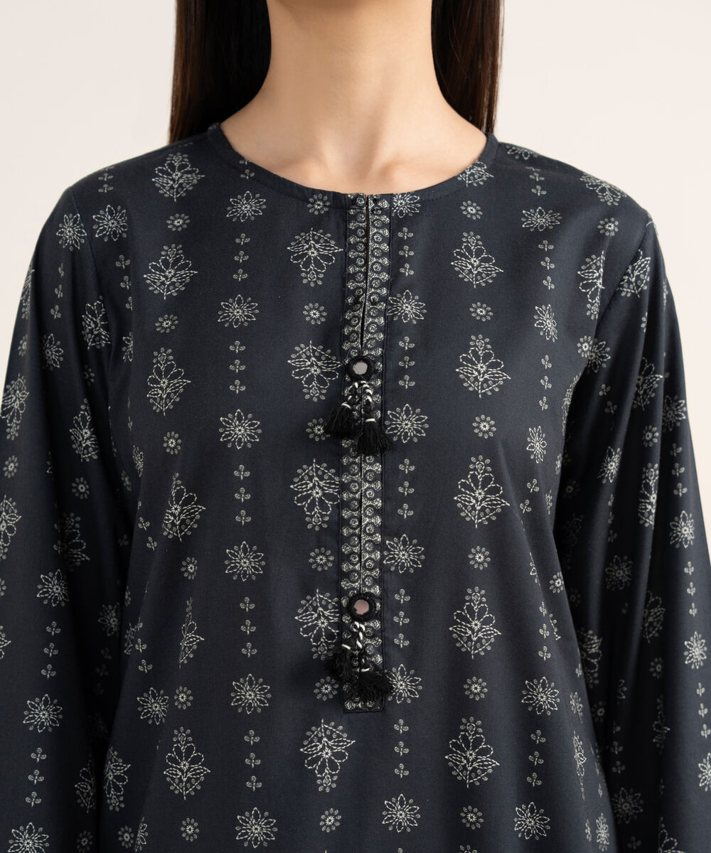 Women's RTW Lawn Viscose Black Printed A-Line Shirt