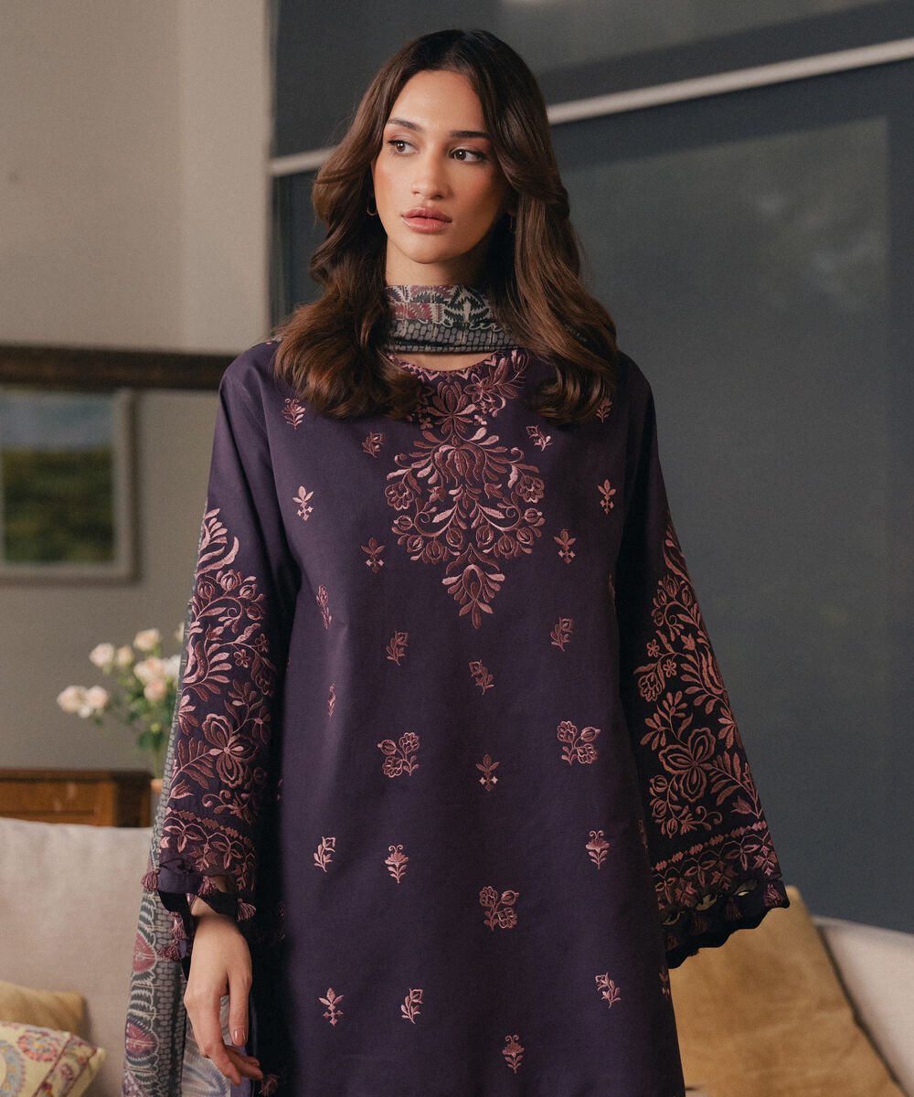 Women's Unstitched Cotton Embroidered Purple 3 Piece Suit