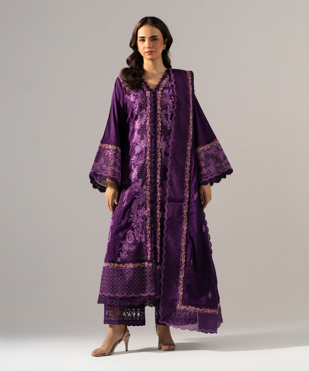 Women's RTW Self Jacquard Solid Embroidered Purple 3 Piece Suit