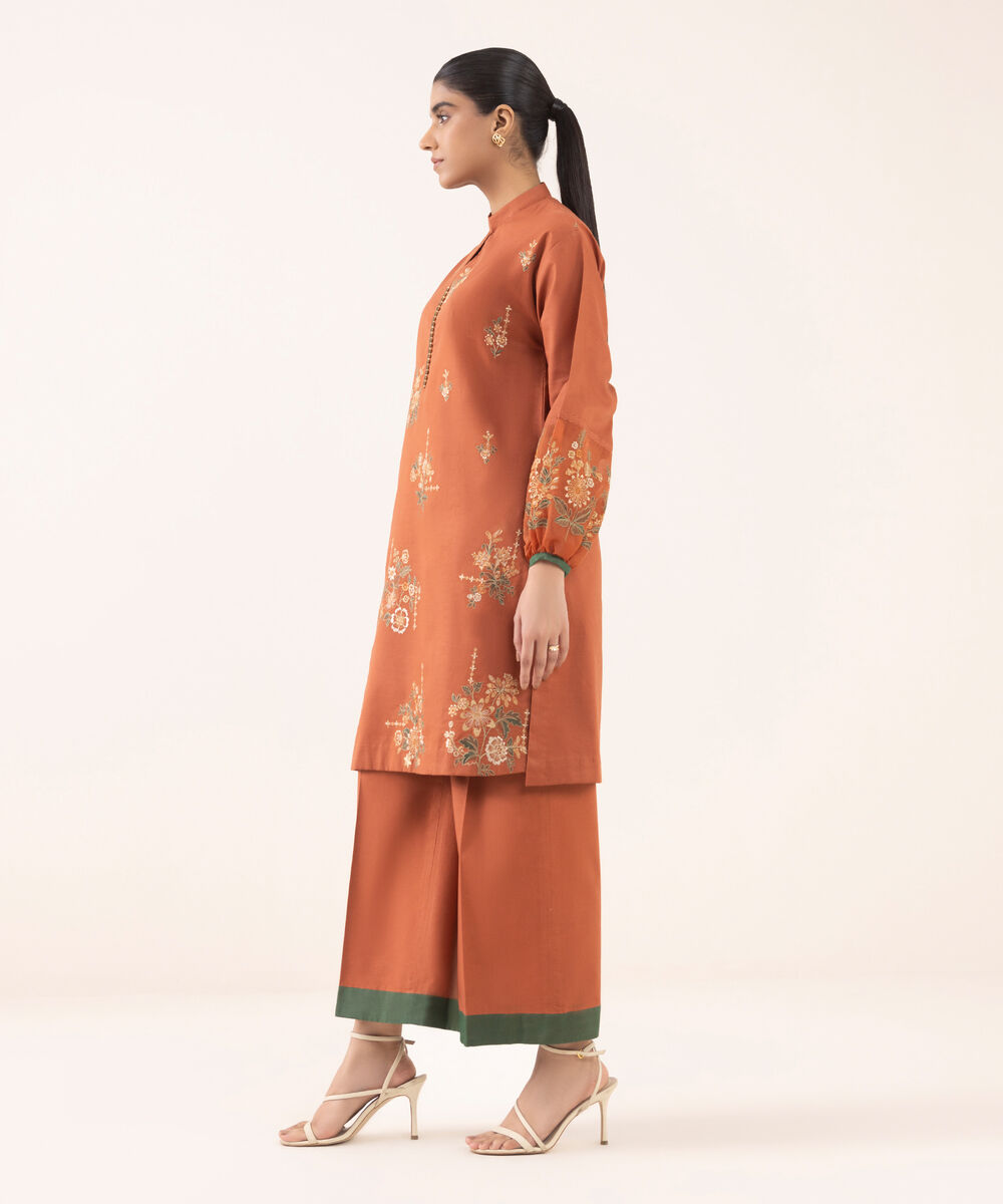 Women's Unstitched Cotton Embroidered Rust Two Piece Suit