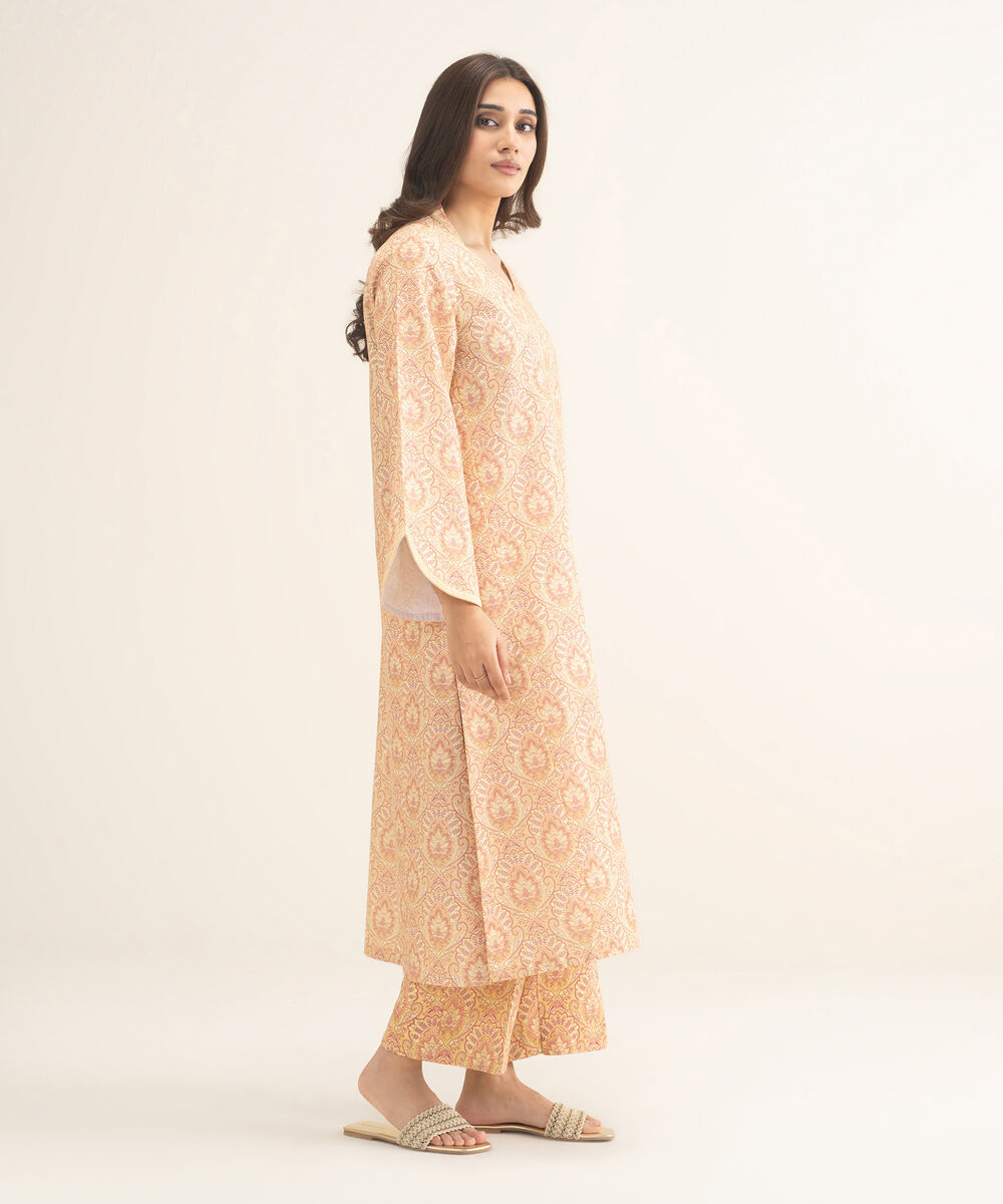 Women's Two Piece Light Peach Cross Hatch Viscose Printed Suit