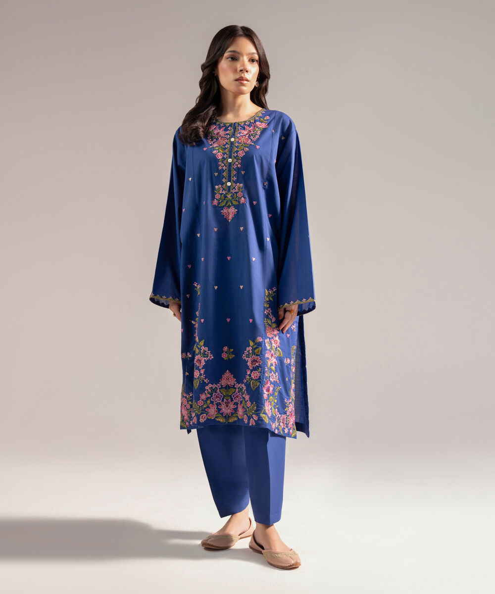 Women's RTW Slub Lawn Embroidered Straight Dark Blue Shirt