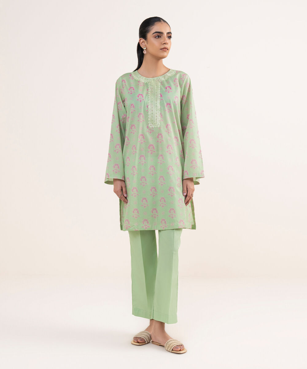 Women's RTW Lawn Green Embroidered A-Line Shirt