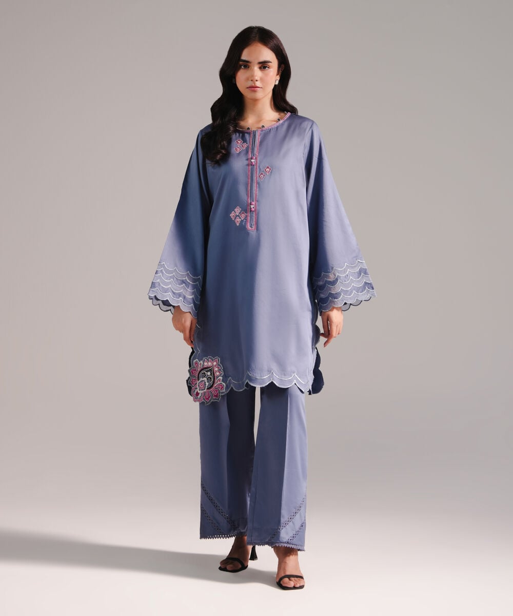 Women's RTW Cotton Satin Embroidered Steel Blue 2 Piece Suit