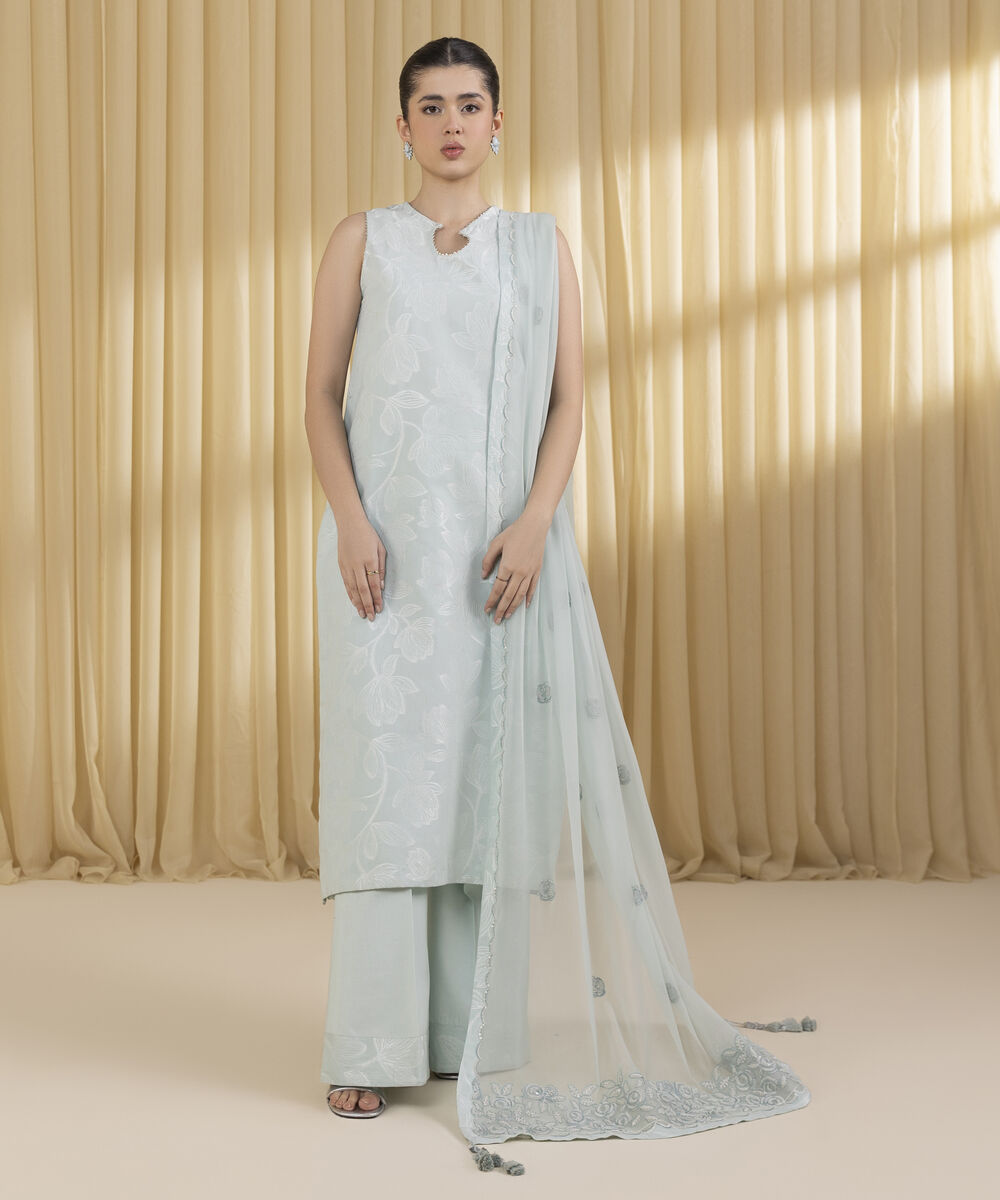 Unstitched Women's Blue Extra Weft Jacquard 3 Piece Suit